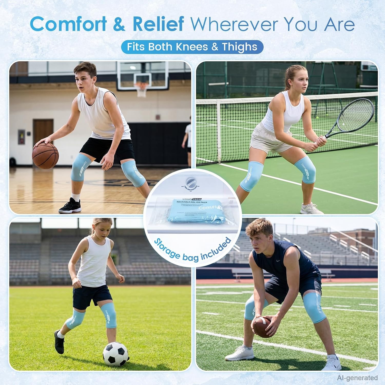 ComfiTECH Youth Knee Gel Ice Pack Wrap Sleeves, 2 Packs, Large 360 Full Coverage