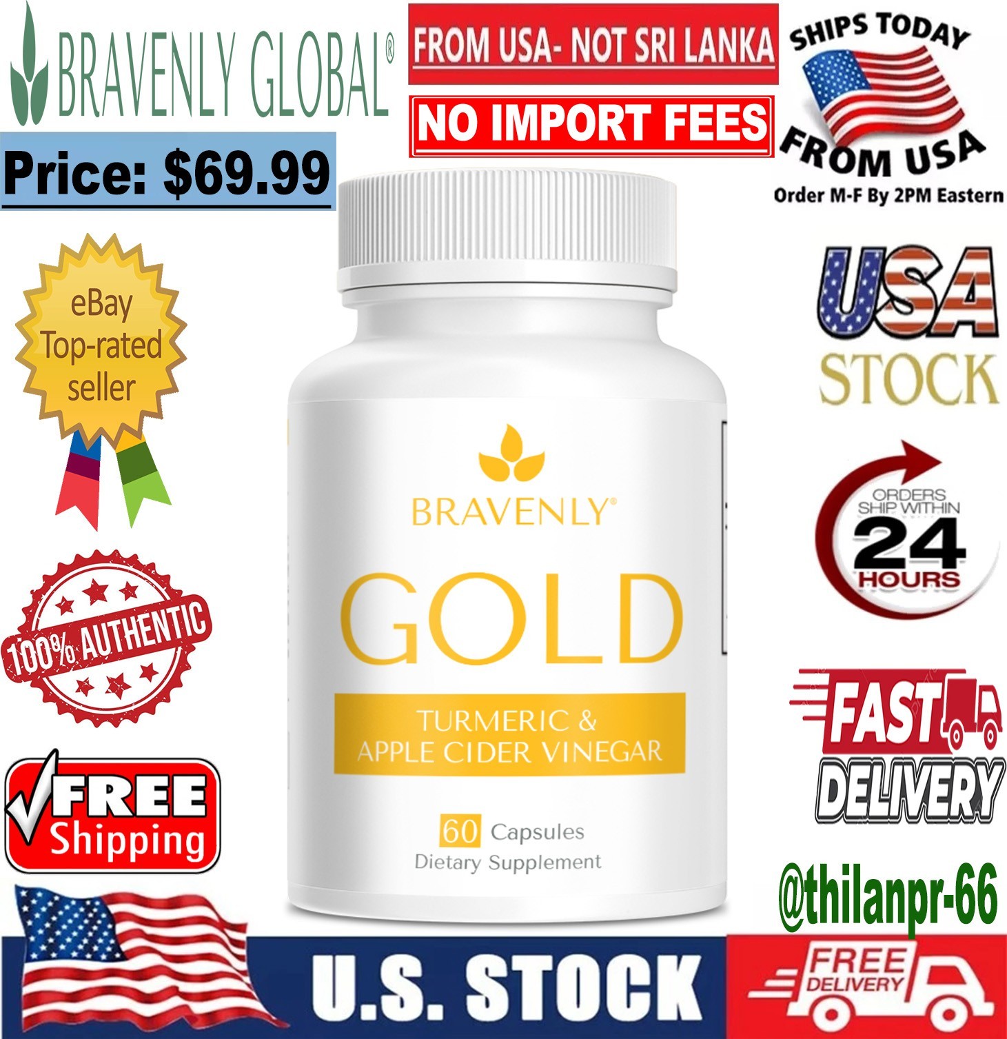 Bravenly Global GOLD Turmeric Apple Cider Vinegar Supplement 60 Capsules 🔥