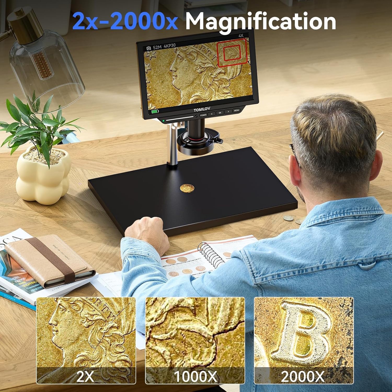 TOMLOV TM4K Max 4K Digital Microscope 2000x 10" Soldering Microscope Spin Arm