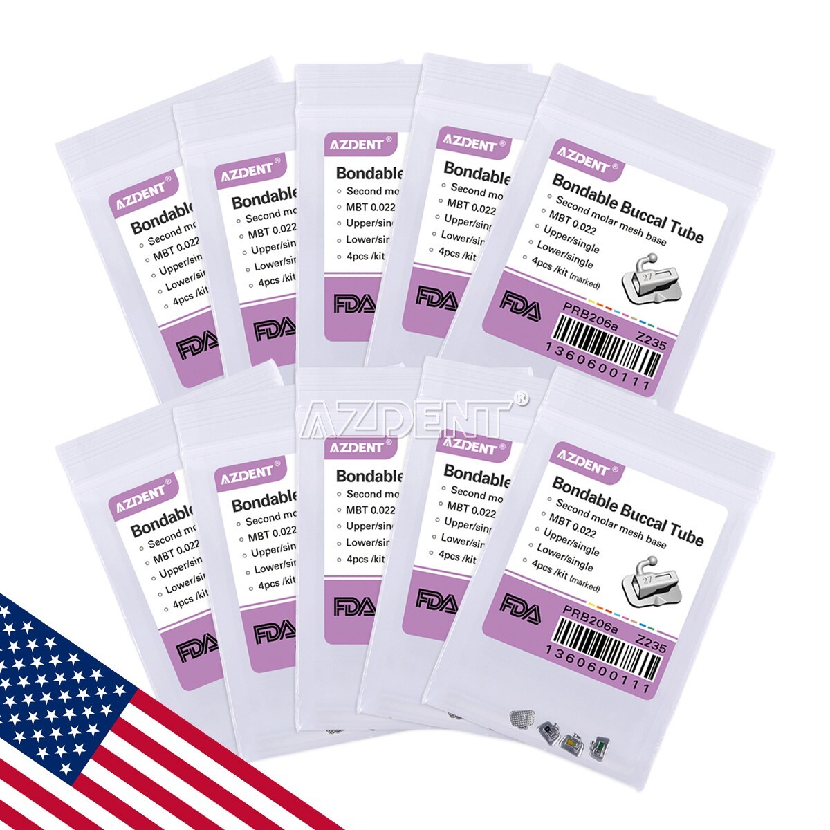 10X AZDENT Dental Orthodontic Buccal Tube 2nd Molar MBT.022 Bondable Non-Conv