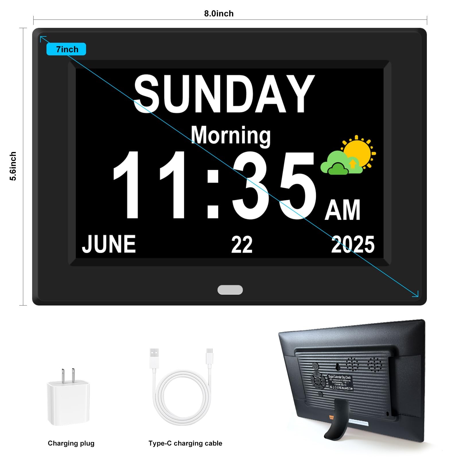 7‘’ Digital Alarm Clock for Elderly Large Display Seniors 7'', Black