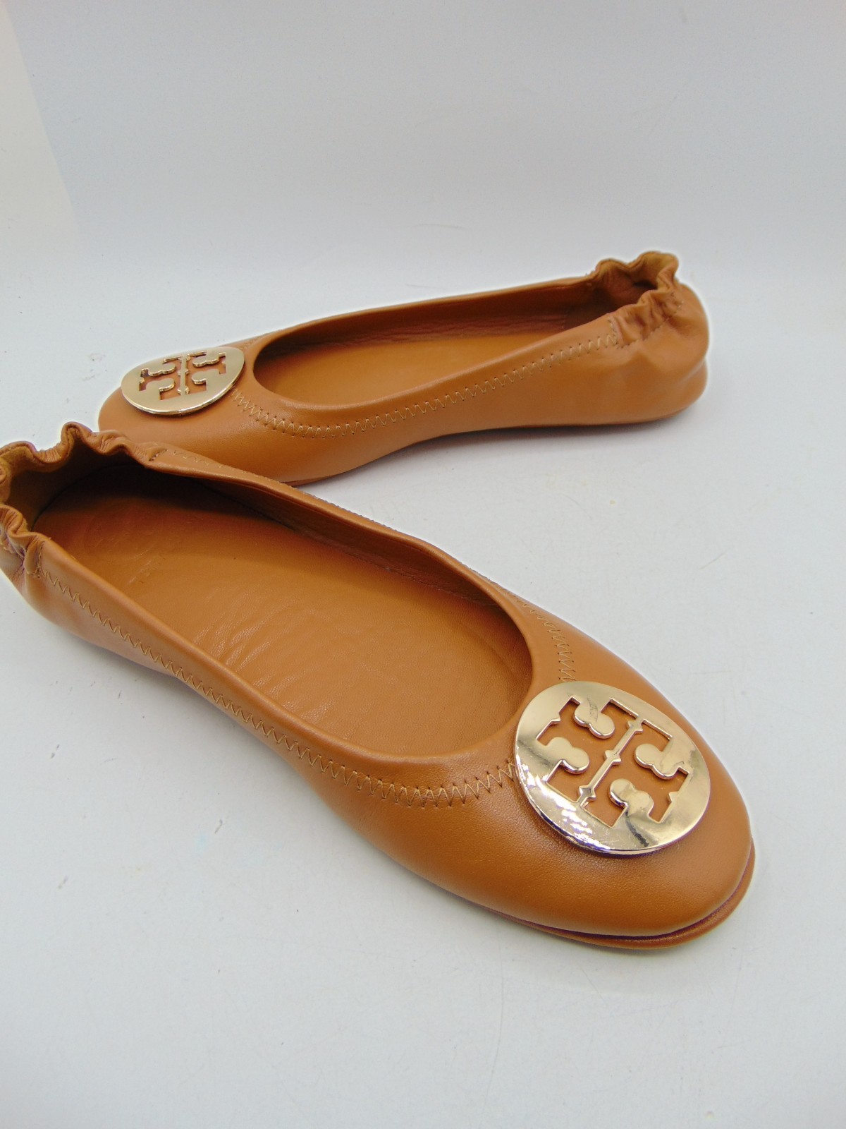 TORY BURCH Minnie Caramel Leather Ballet Flat Gold Logo Sz 9 M