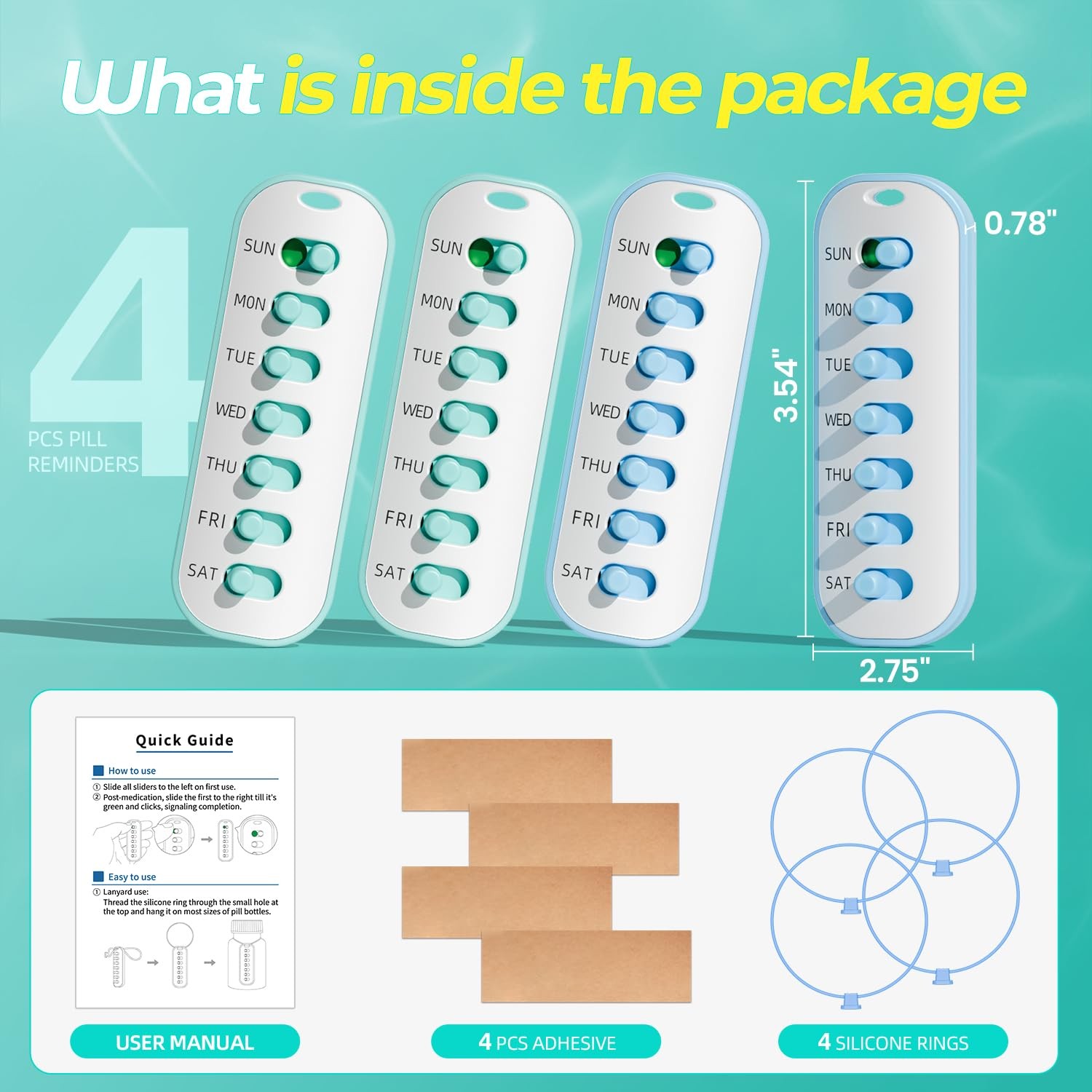 4 Pack Pill Reminder, Lanyad or Sticker Pill Tracker, Work with Most Bottles,