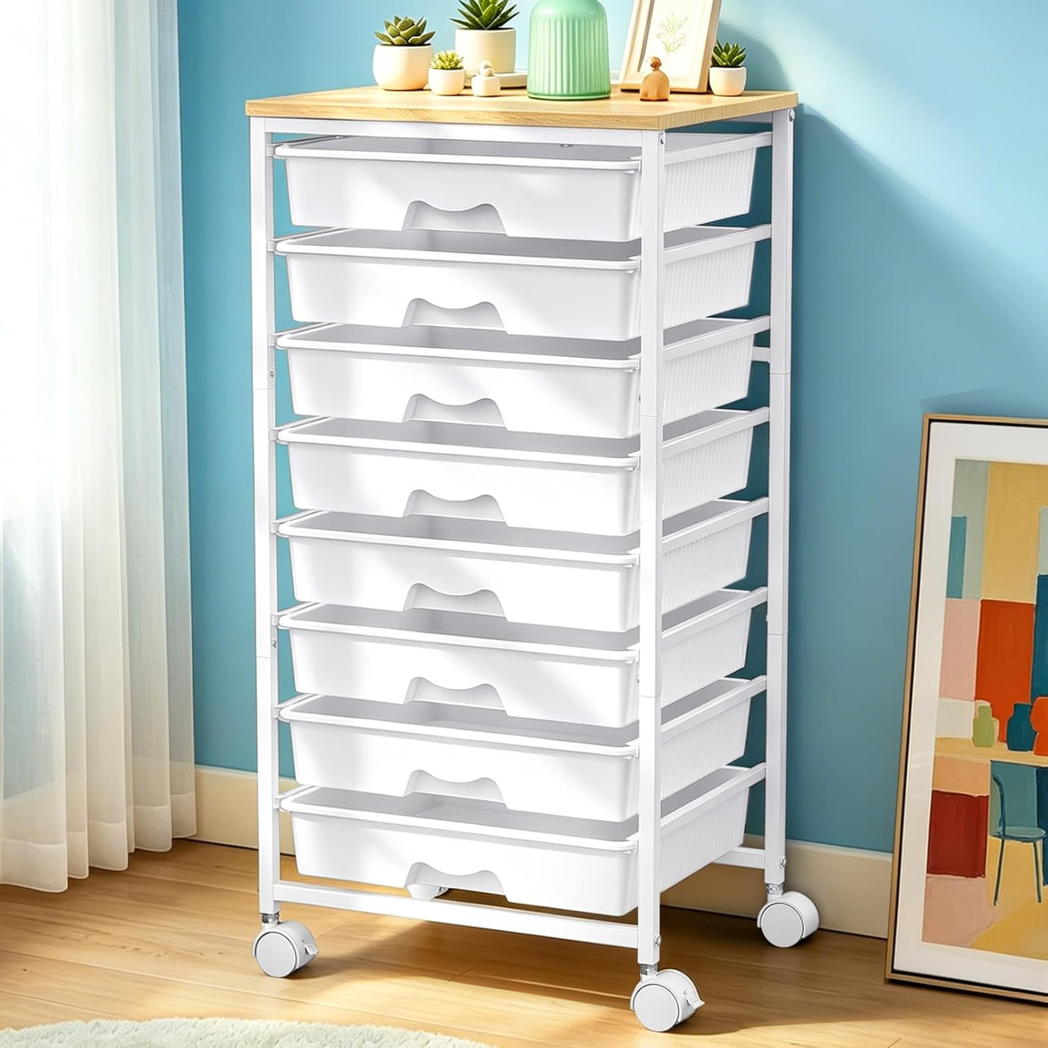 SUNALLY Rolling Cart with 8 Drawers, Storage Drawer Carts with Wooden Tabletop a