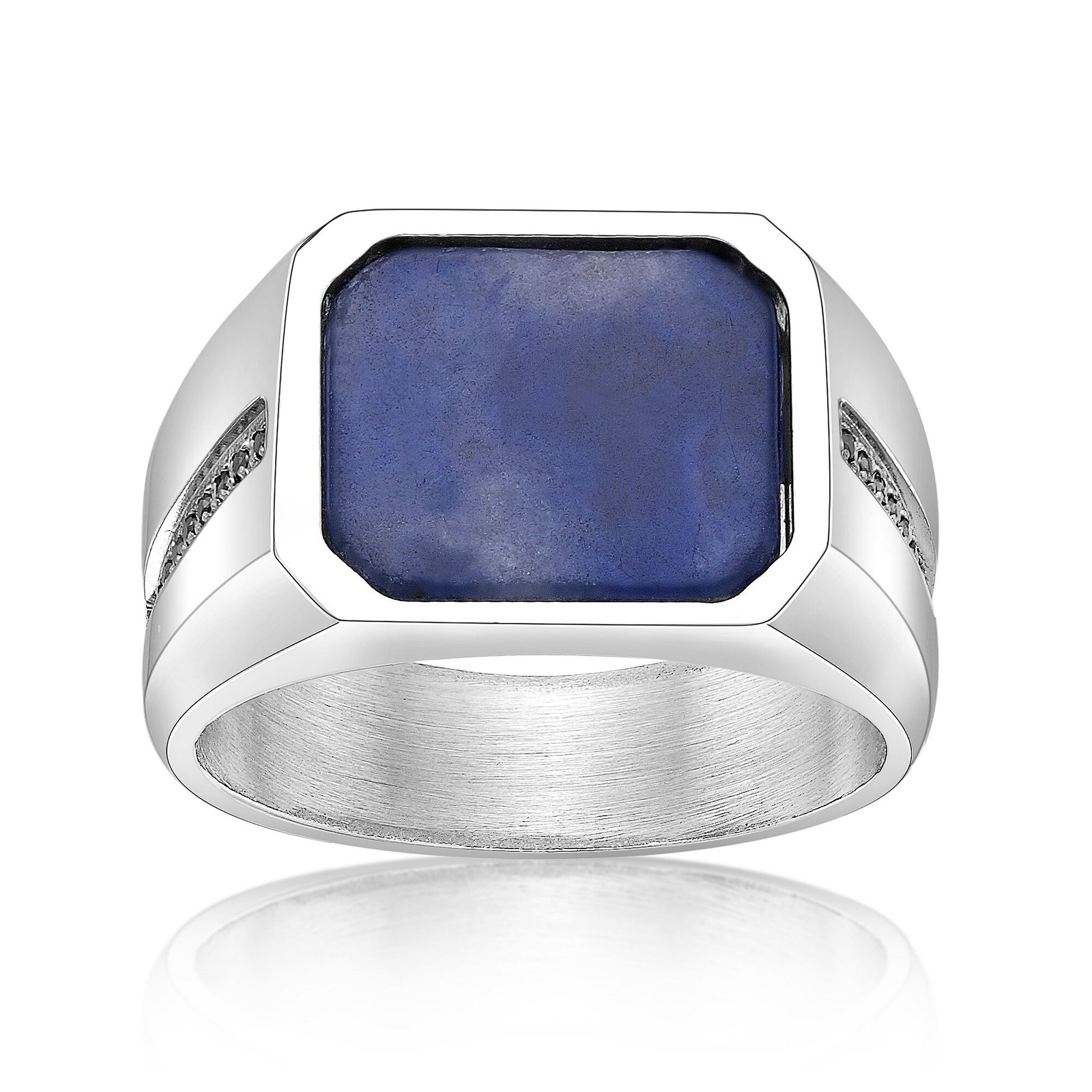 Men's Stainless Steel and Sodalite Ring with Black Cubic Zirconia - Sizes 8-12