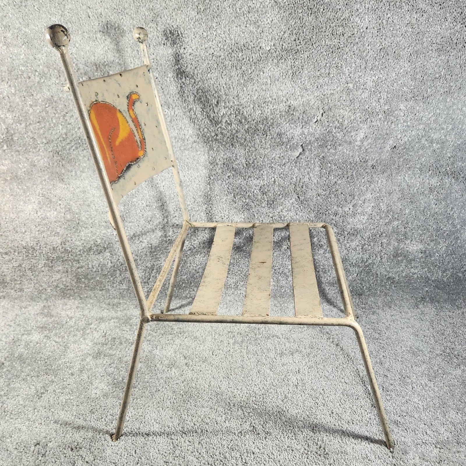 Child's Metal Chair Cream Orange Hand Painted Cat Vintage Whimsical Kids Size