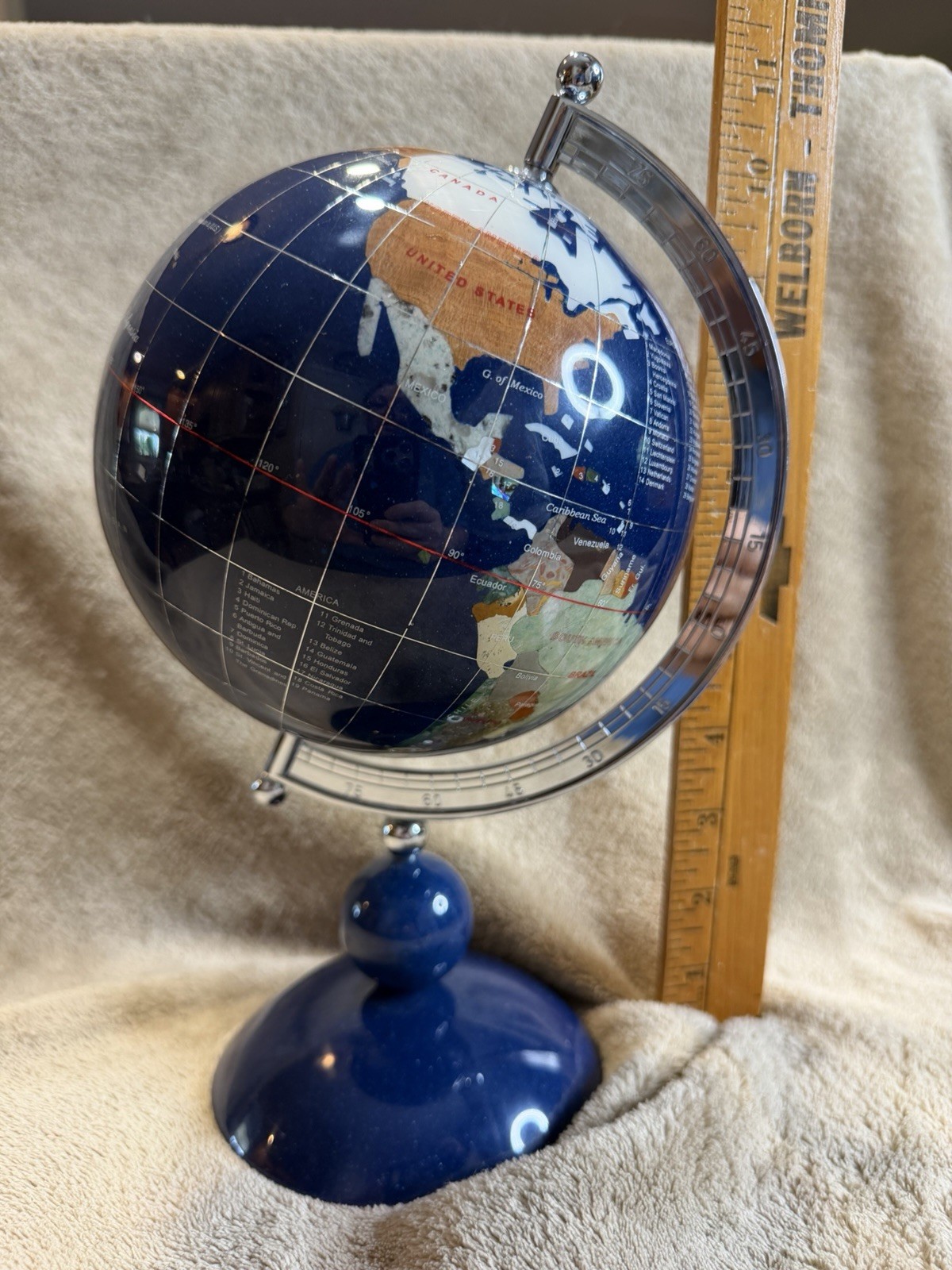 Blue Semi Precious Gemstone 5" Earth Globe With Stand