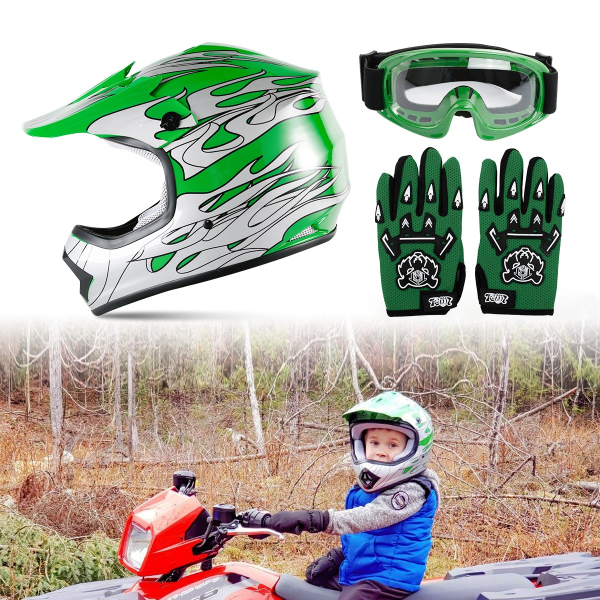 DOT Green Youth Kids Off-Road Full Face Helmet Dirt Bike ATV Motocross