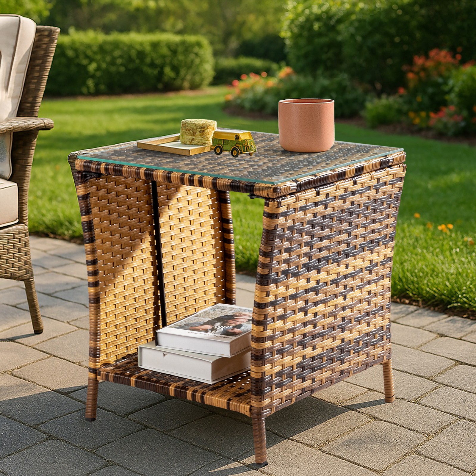 Side Table 18in Wicker Rattan Double Layer with Glass Patio In/Outdoor Furniture