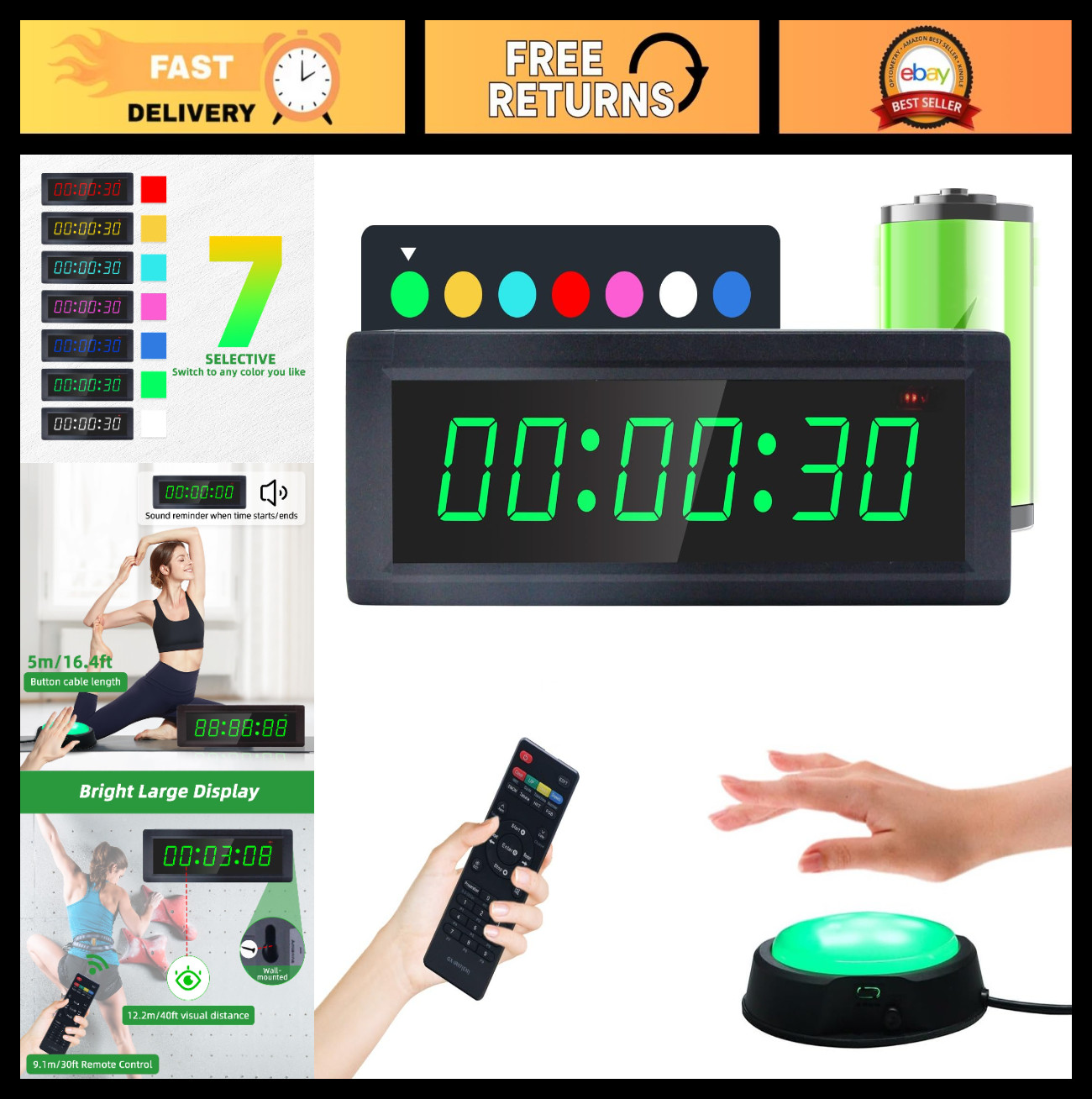 Programmable Gym Timer Clock with Remote, 7 RGB Colors, Interval & Stopwatch, Po