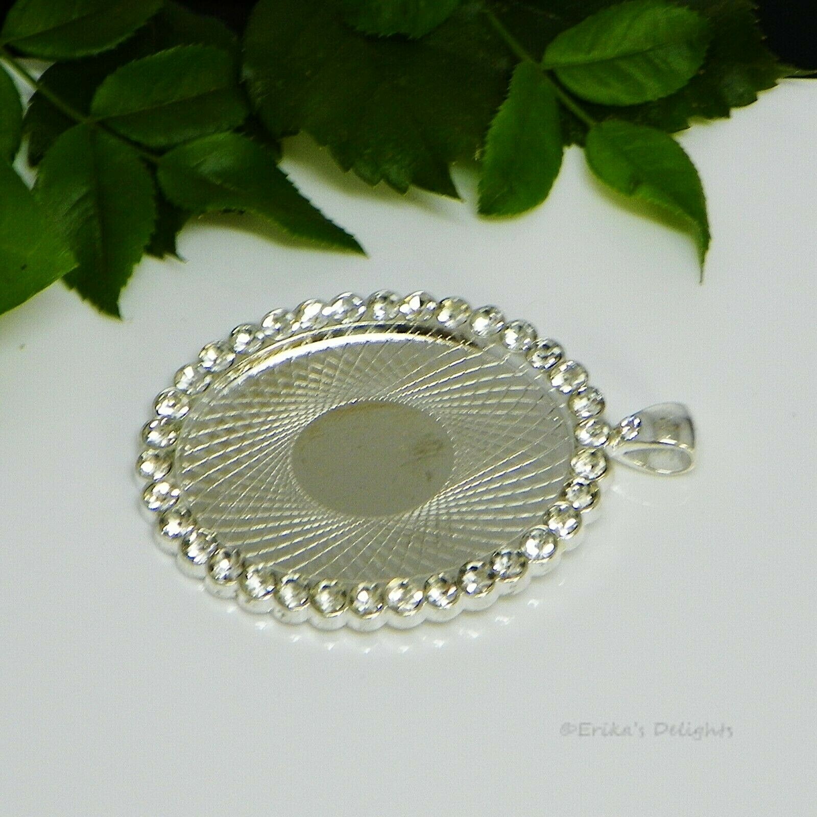 40x30 Oval w/ Rhinestones Silver Plated Cabochon (Cab) Pendant Setting