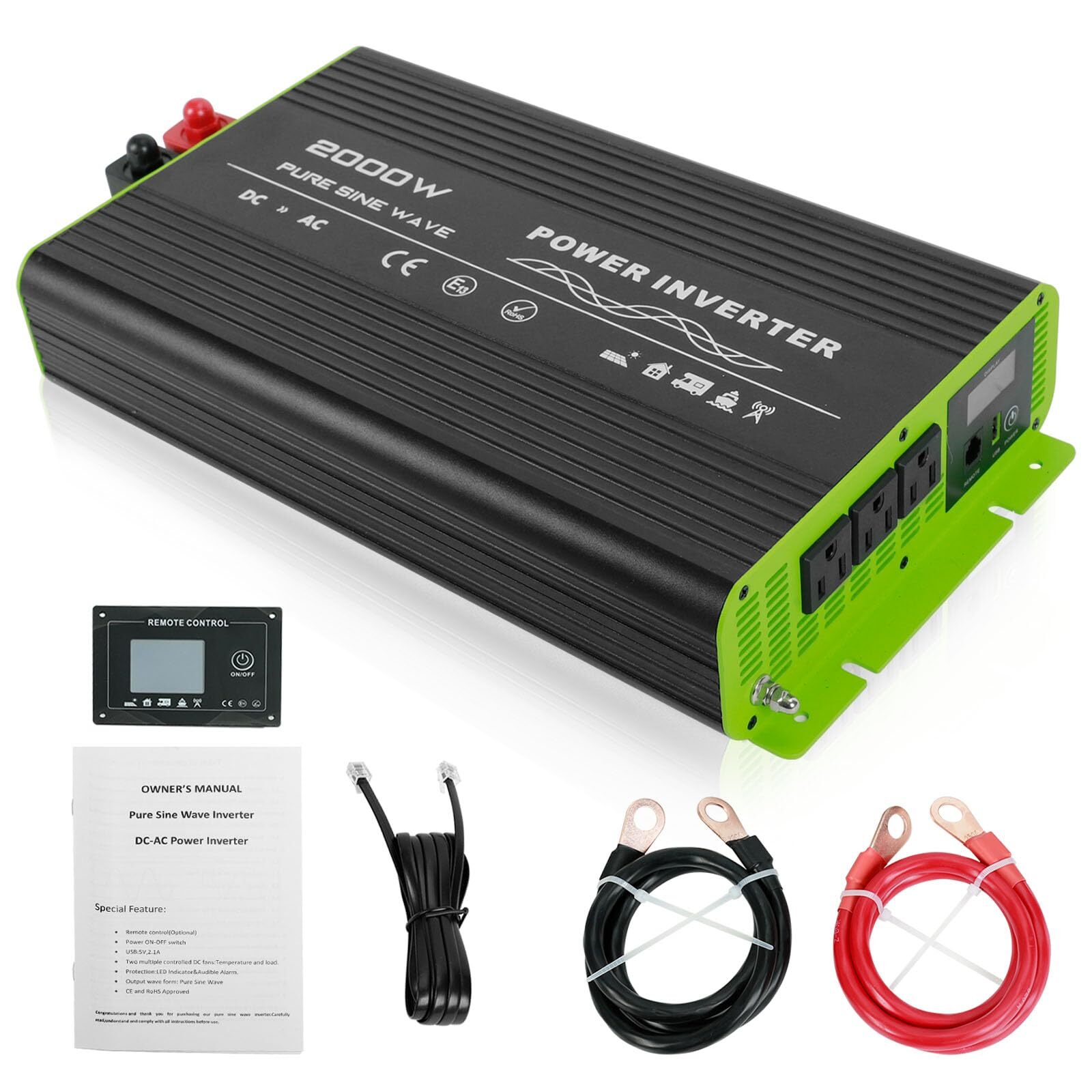 2000W Pure Sine Wave Inverter 12V DC to 110V AC Converter for Home RV Kettles