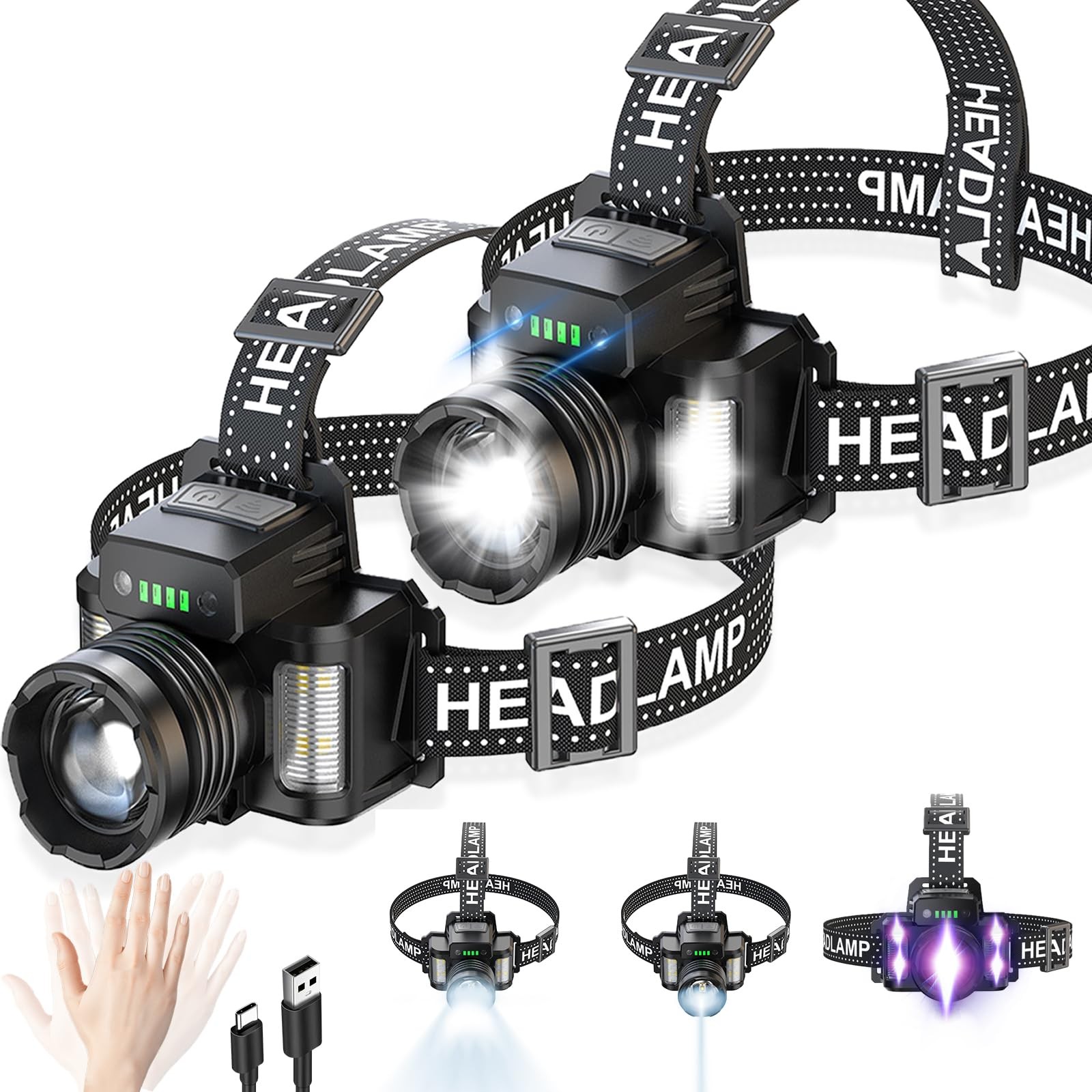 Headlamp Rechargeable, 90° Adjustable 30W LED Super Bright Head 2 pack, Black