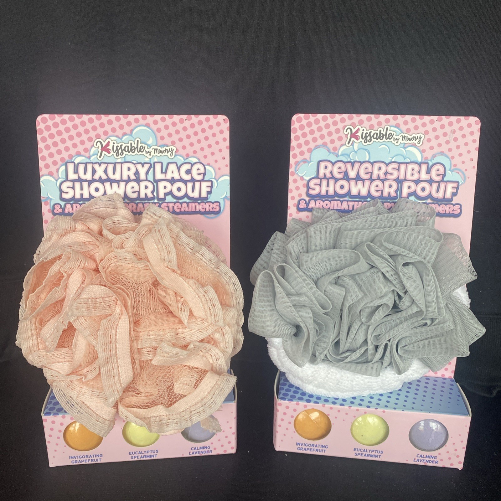 Luxury Lace and Reversible Shower Poufs with Aromatherapy Steamers! Set of 2