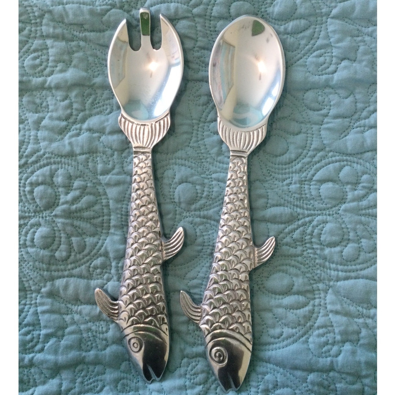Salad Serving Utensils Fork and Spoon Sandcast Aluminum 12"