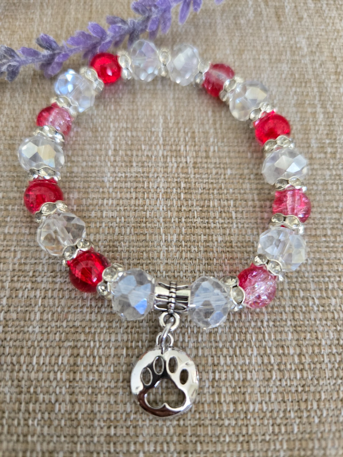 Crackled Glass Stretch Charm Bracelet, Handcrafted, 7"