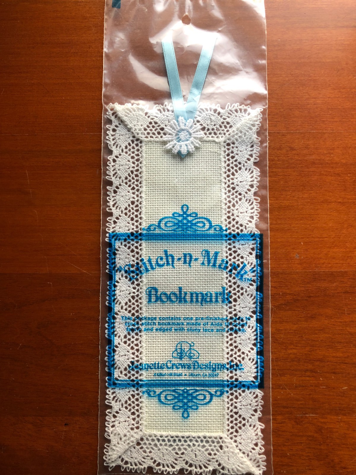 Stitch-n-Mark Cross Stitch Bookmark Aida 18 ct Lace & Blue Ribbon Jeanette Crews