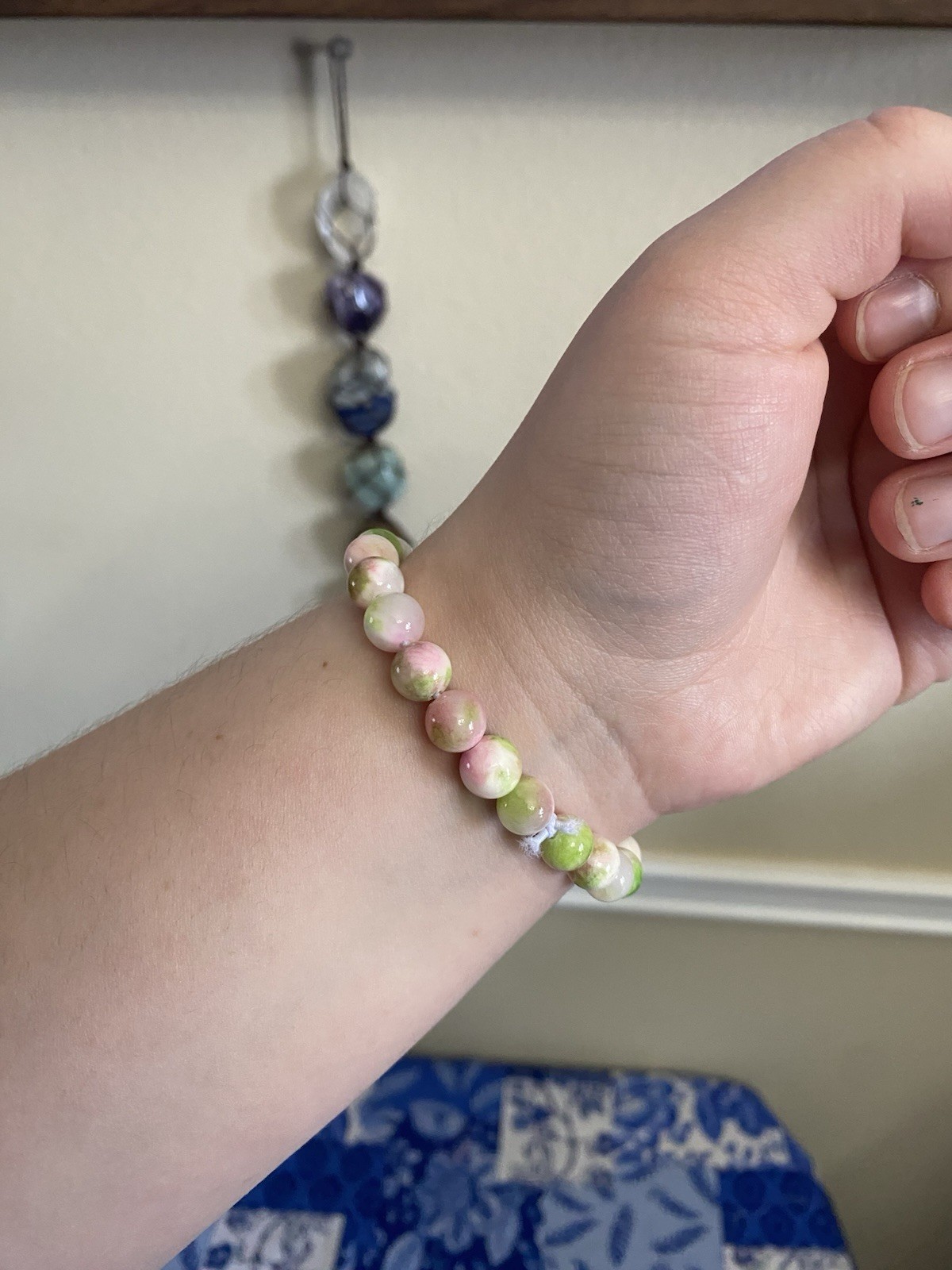 Green/Pink/White Round Beaded Bracelet - Handmade