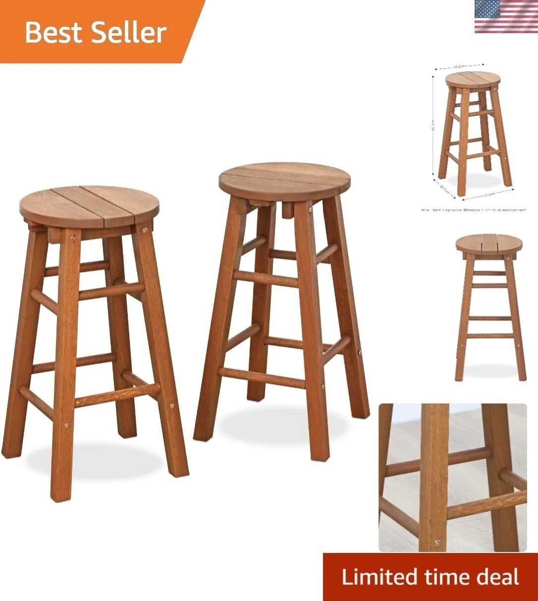 Weather-Ready Tioman Hardwood Patio Bar Stools - Set of 2 for Outdoor Elegance