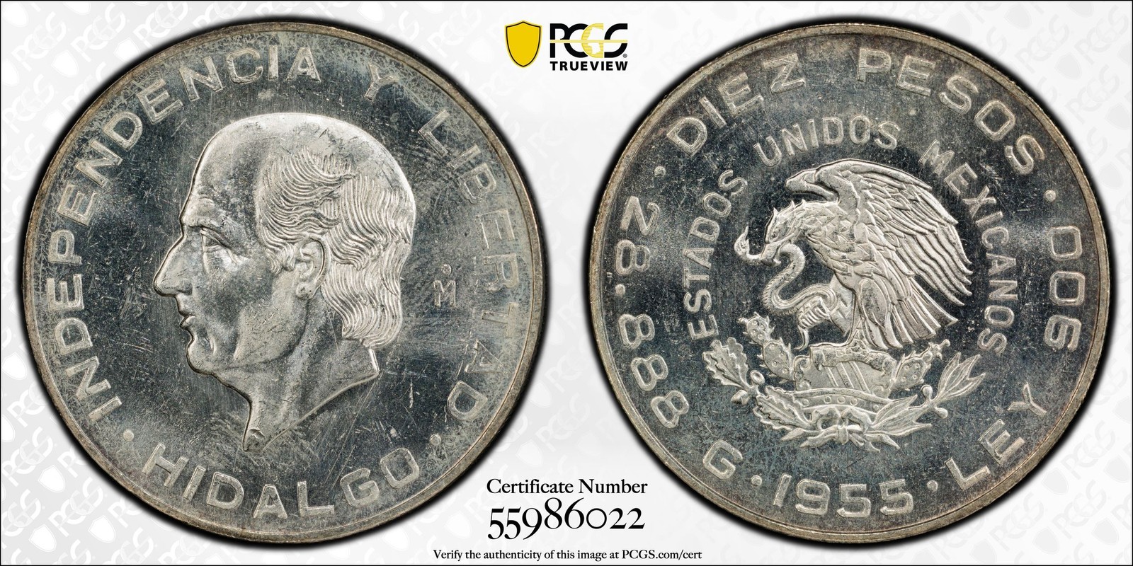 1955 Mo PCGS MS64 - Mexico Silver 10 Peso Hidalgo Coin KM-474 #59586A