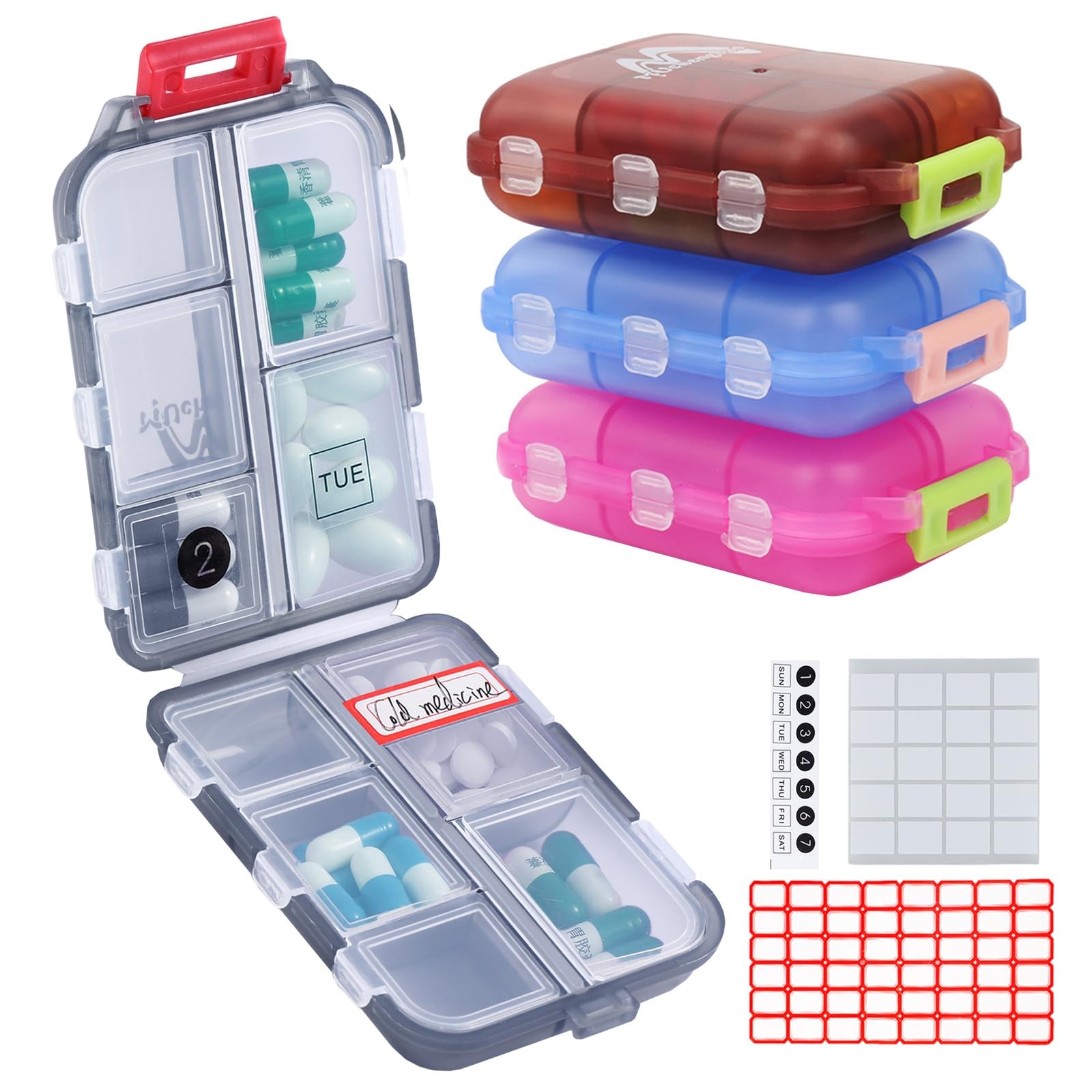 4PS Travel Pill Organizer 4 Count (Pack of 1), Dark Red + Gray + Pink + Blue