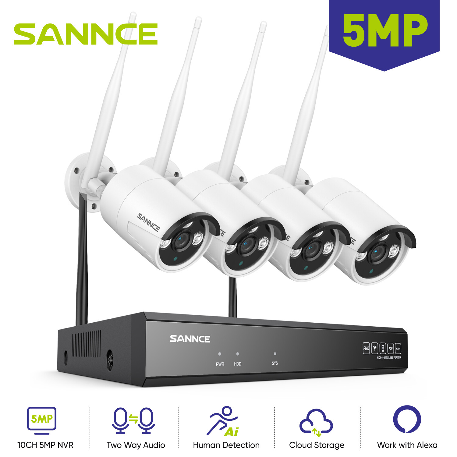 SANNCE 8CH NVR 5MP Wireless Security Camera System Two Way Audio Human Detection
