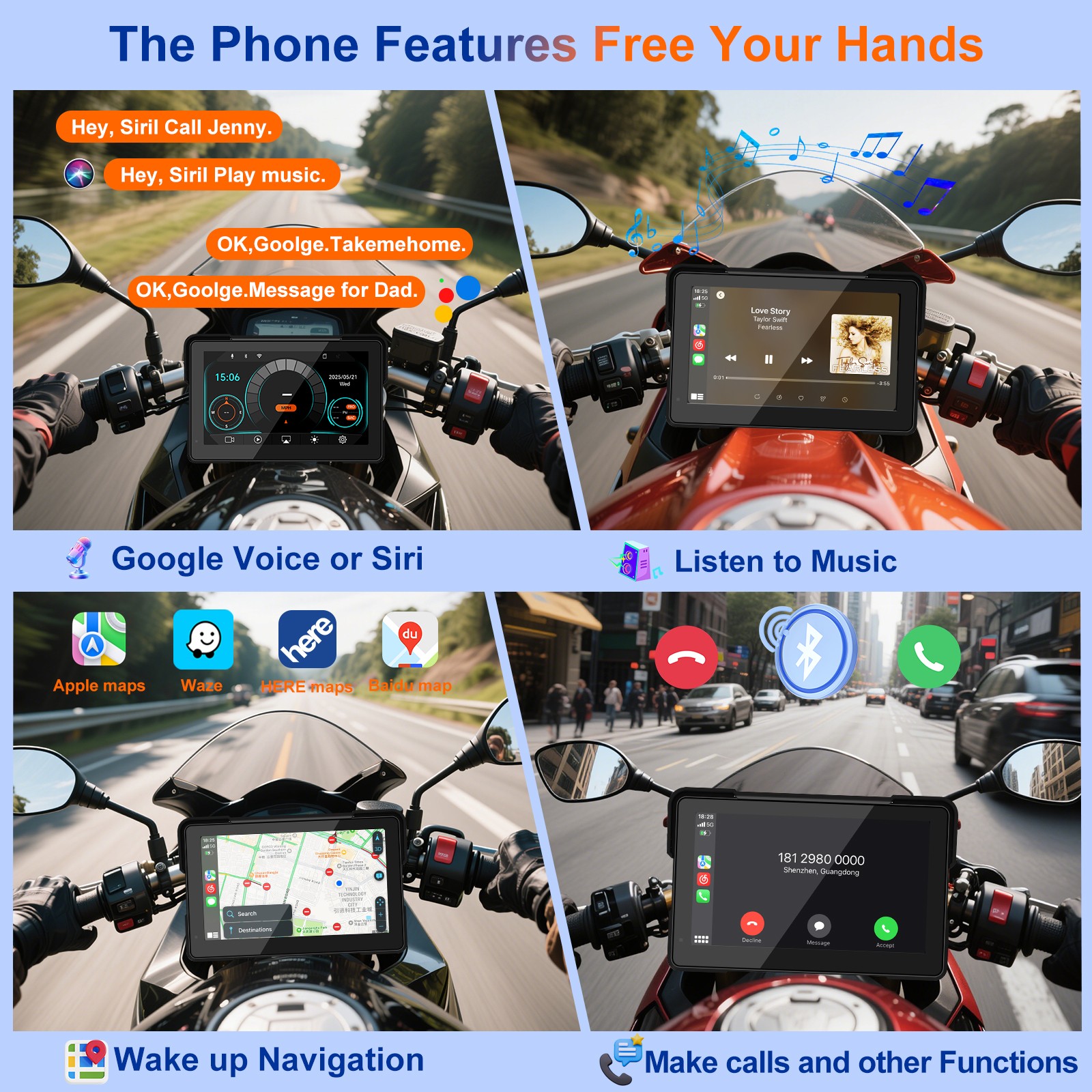 2026 Motorcycle CarPlay 7" Waterproof GPS Disp for Motorbike, Wireless CarPlay