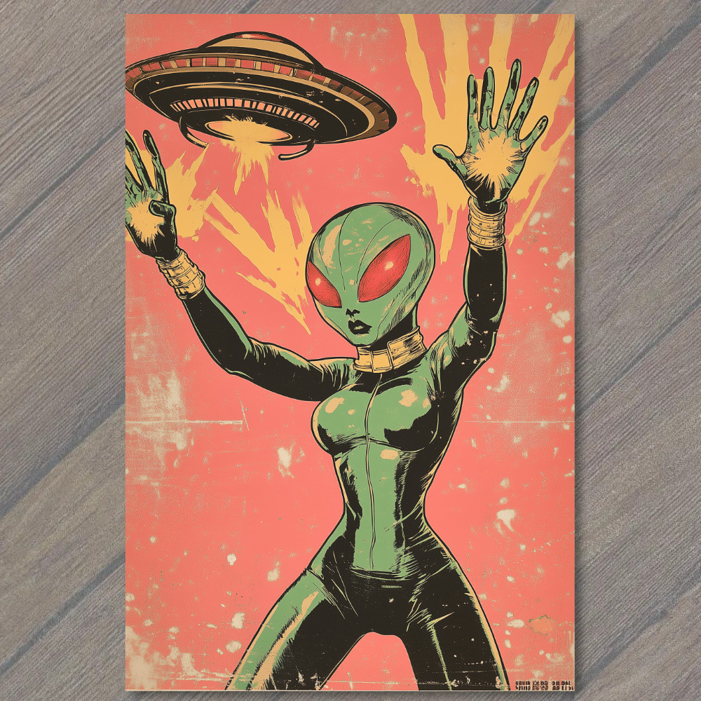POSTCARD Green Alien Girl Red Eyes Hands Raised UFO Pink Yellow Energy Burst