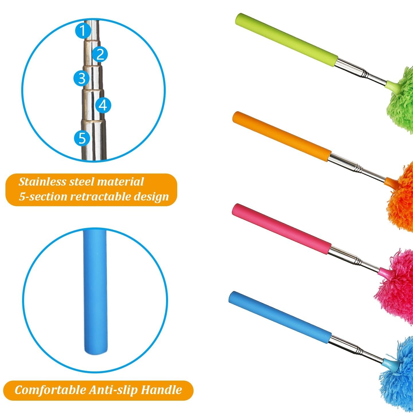 4 Pcs Washable Microfiber Feather Duster, with Extendable Pole and Bendable H...