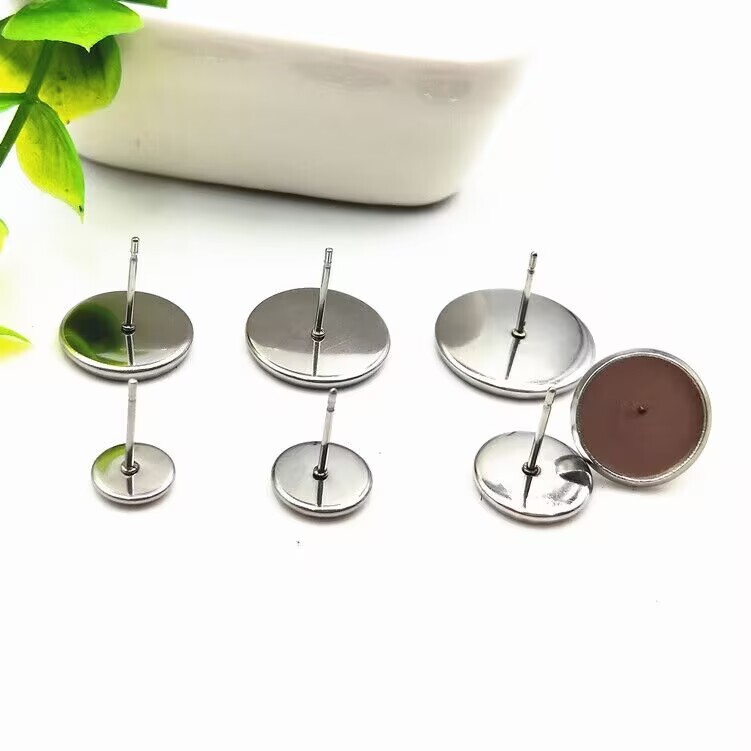 20 Pcs 316L Stainless Steel Earring Blank Ear Post Cabochon Setting with Stopper