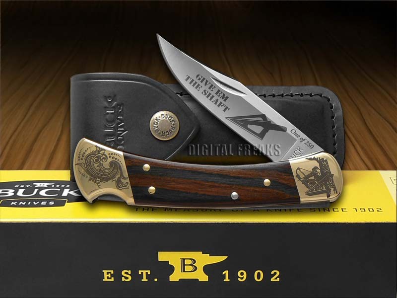 Buck 110 Folding Hunter Knife Give 'Em The Shaft Ebony Wood 1/250 Stainless