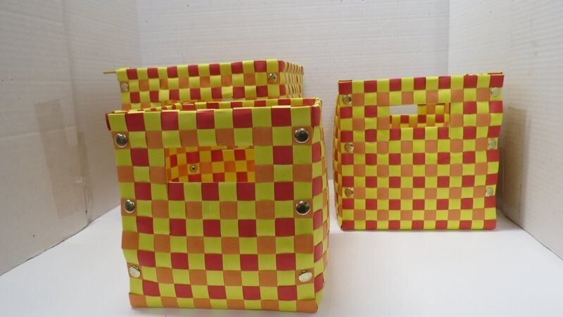 Set of 3 Nesting baskets in yellows and orange vinyl strips - sizes 10” square