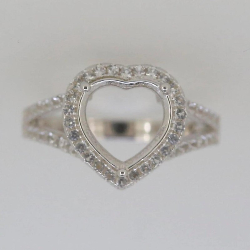 925 Sterling Silver 11mm Heart Semi Mount Ring Split Shank Halo Band Women Ring