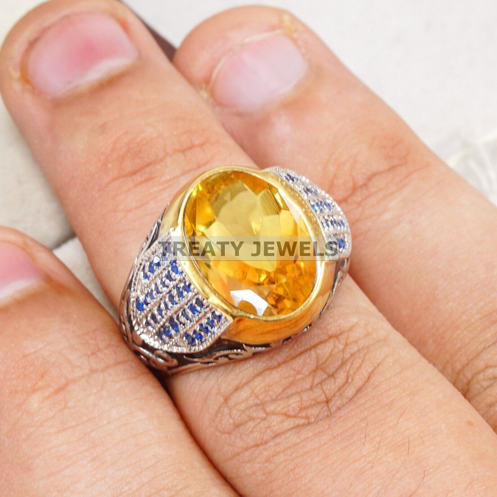 Citrine Oval Cut Gemstone With 14K Solid White Gold Ring For Men's #A996