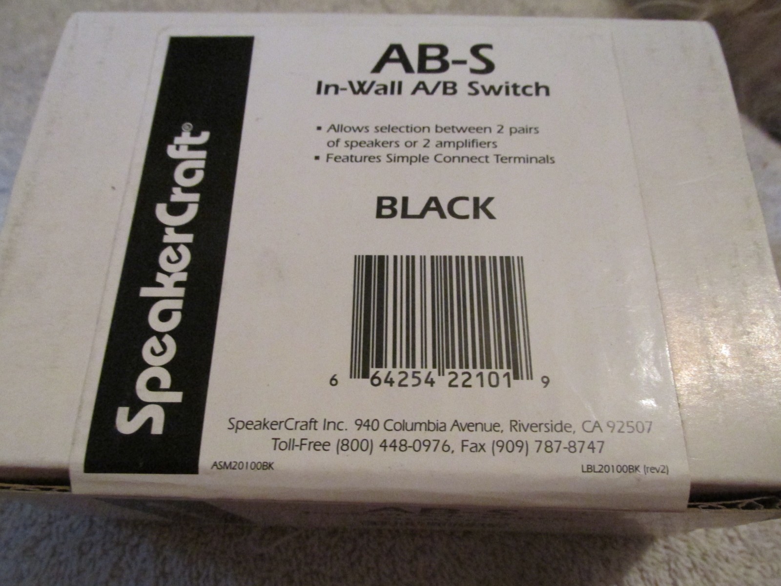 SPEAKERCRAFT AB-S IN WALL A/B SWITCH ASM20100BK (black) NEW SEALED BOX