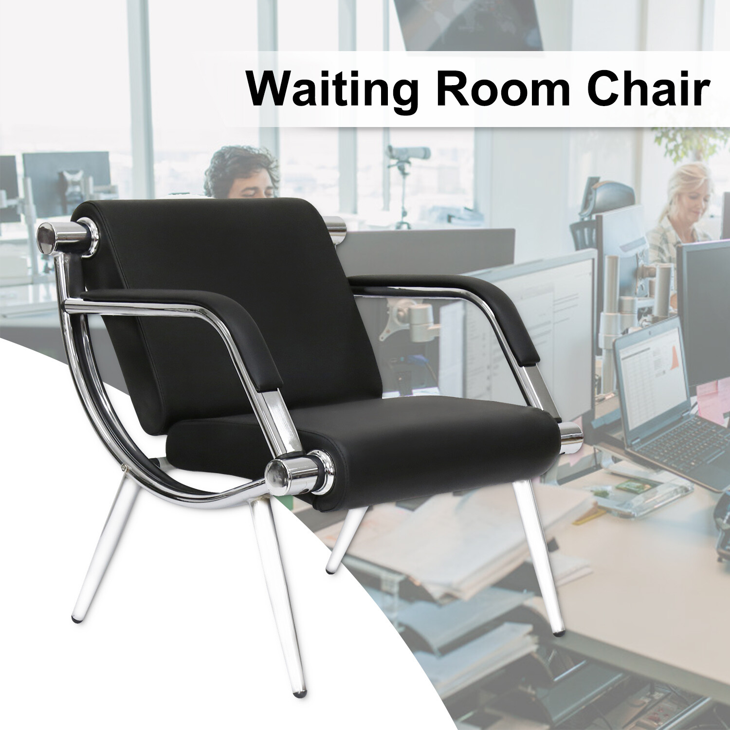 PU Leather Waiting Chair Room Reception Office Airport Bank Bench Modern Black