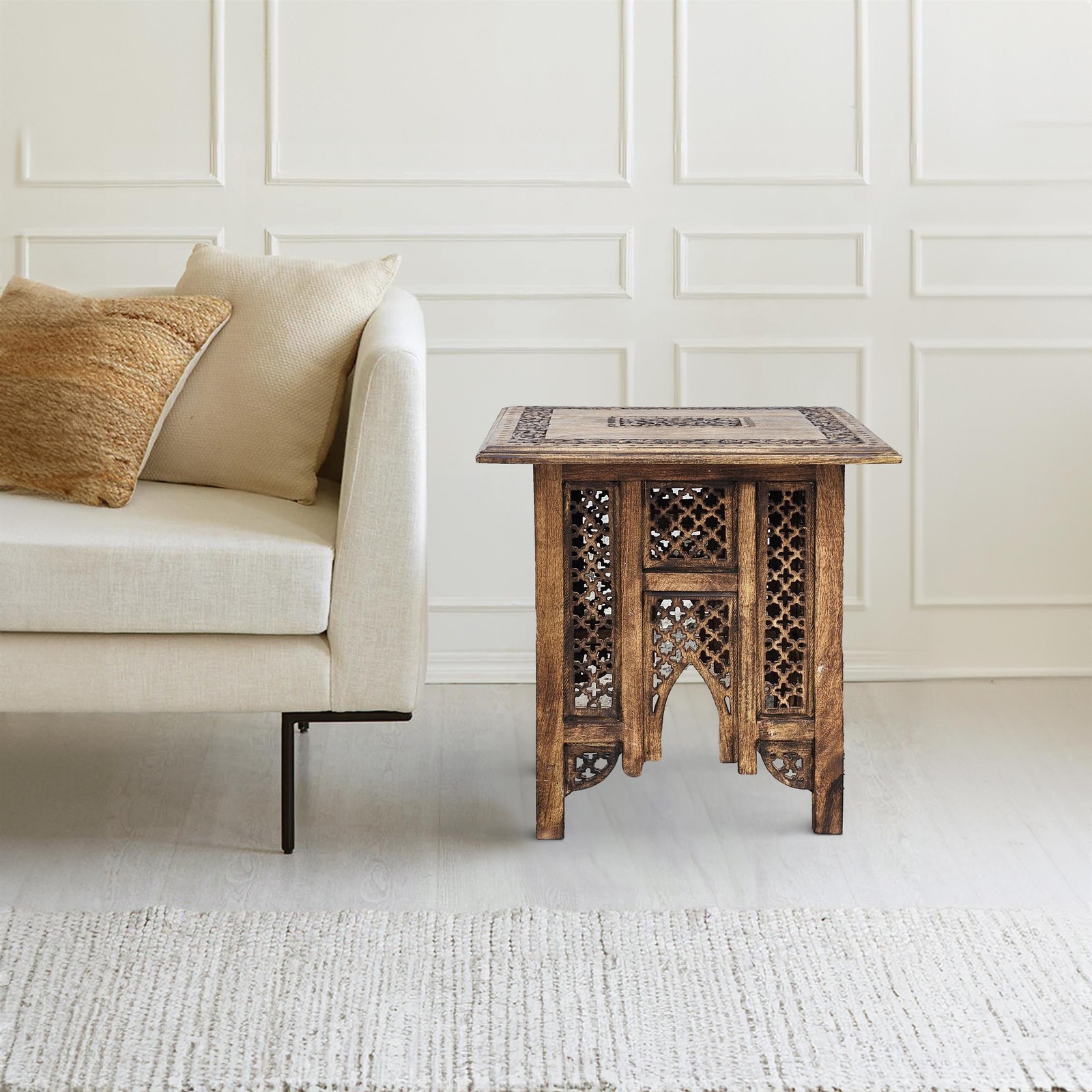 21 Inch Boho Side End Table- Floral Carved Details- Foldable Panel Legs