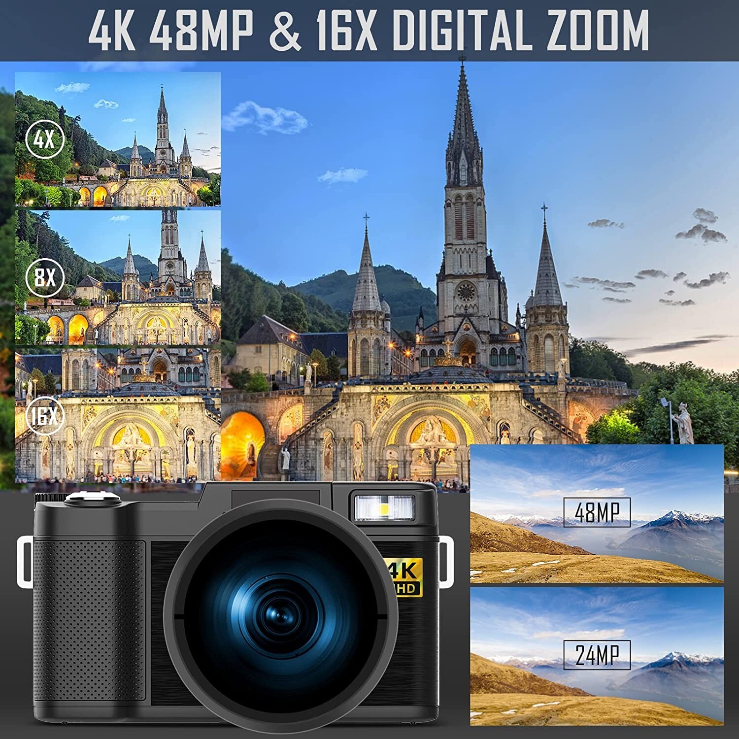 4k Digital Camera 48MP 16X W/ Vlogger Kit Microphone Remote Control Tripod Grip