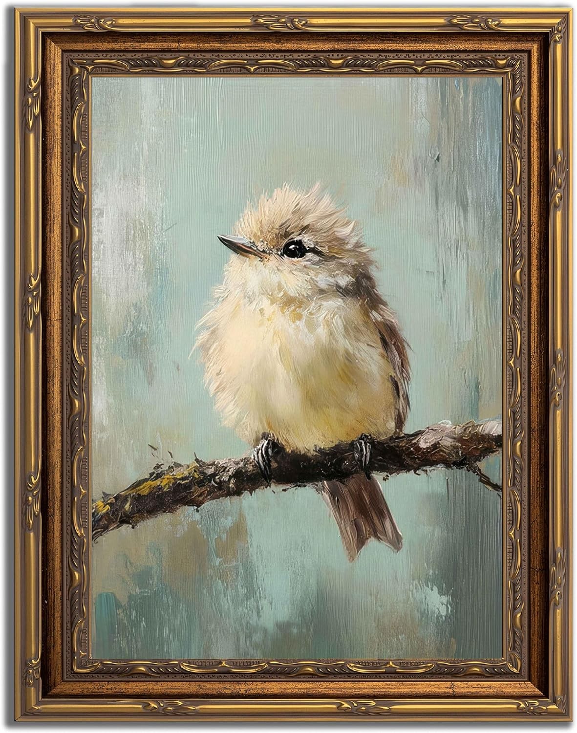 Gold Framed Bird Canvas Wall Art Vintage Beige Sparrow 11L x 9W, bird