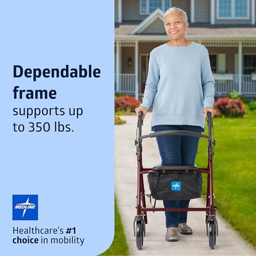 Medline Steel Rollator Walker for Adult Mobility Impairment, Burgundy, 350 lb. W