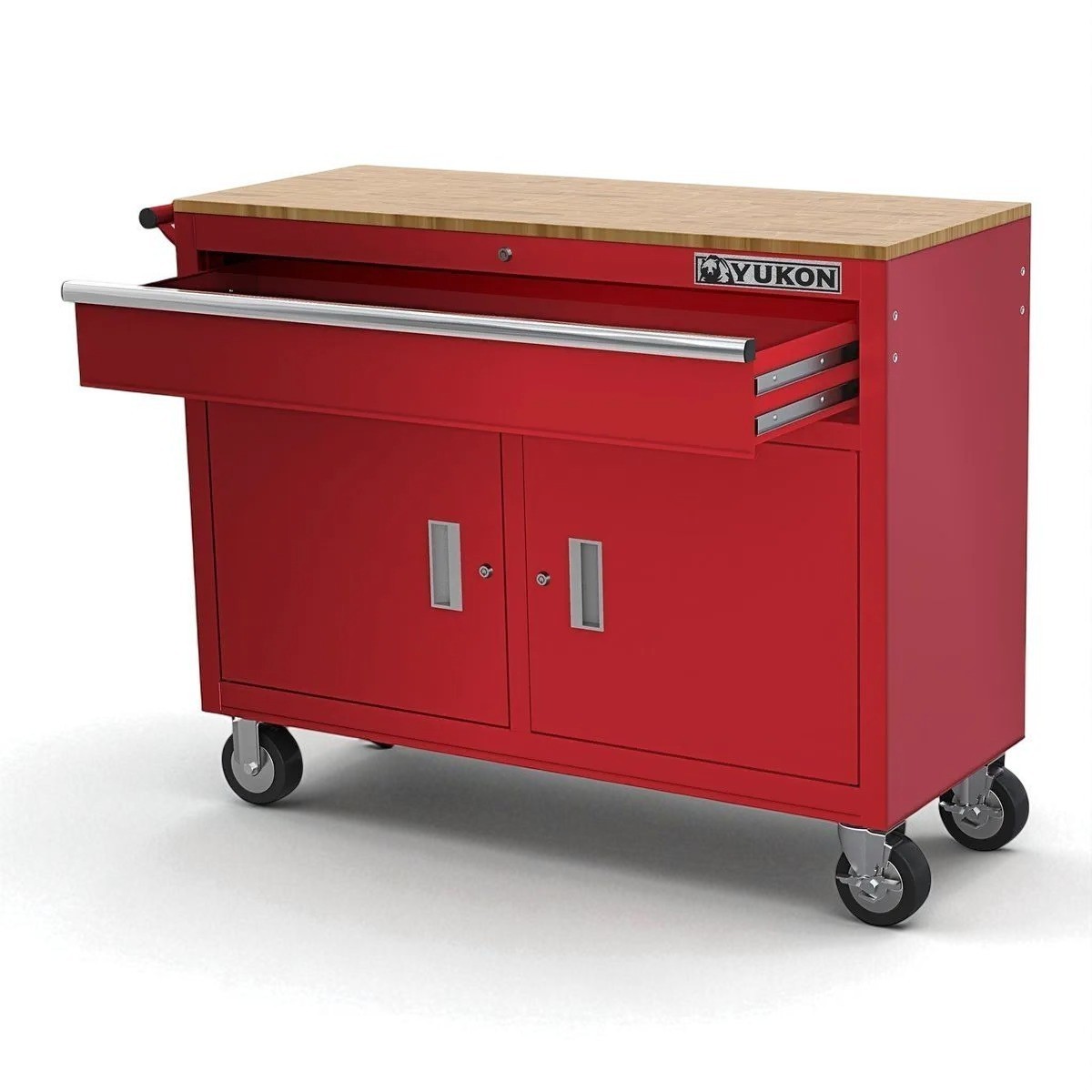 46" Mobile Workbench Rolling Tool Chest Storage Cabinet with Solid Wood Top, Red