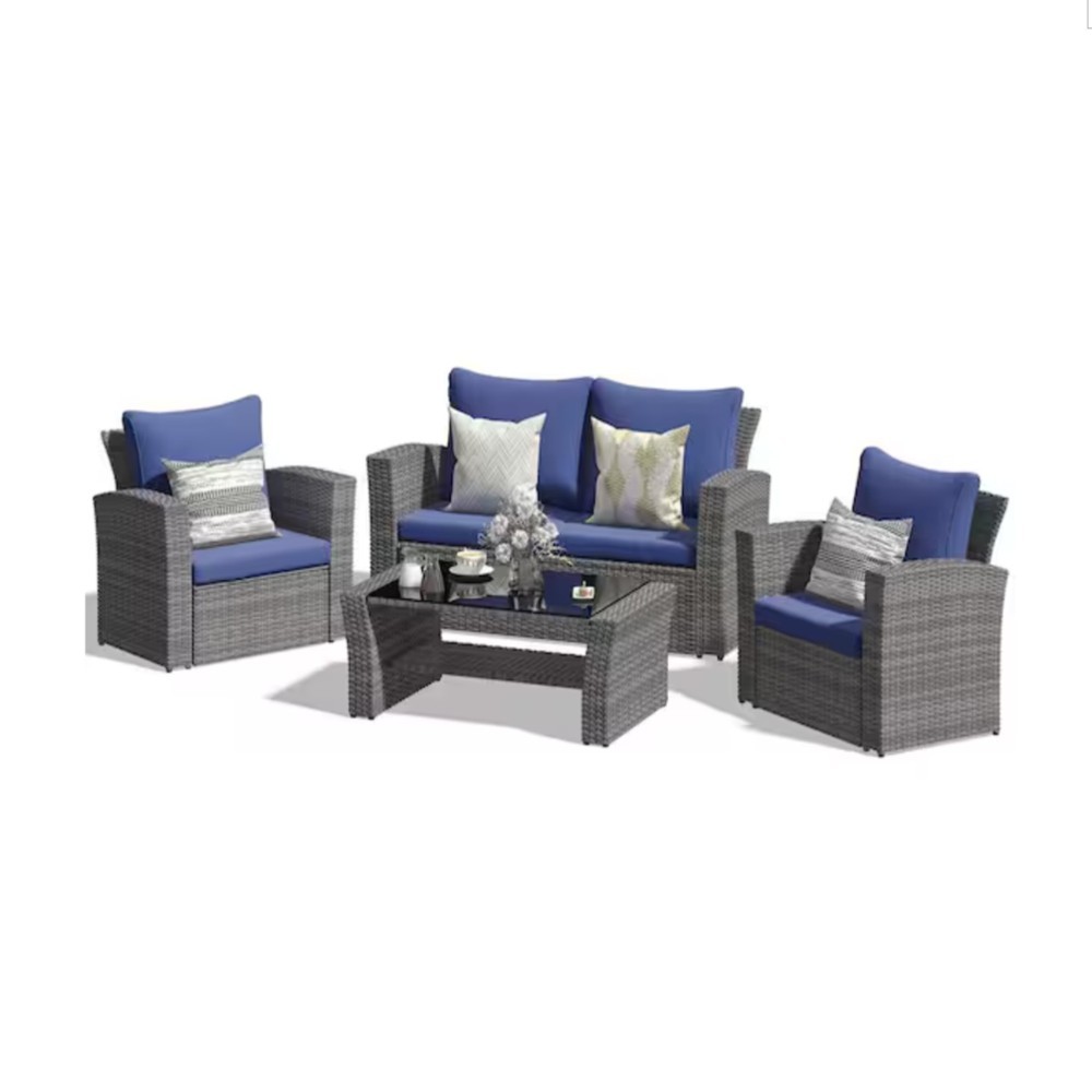 4-Piece All-Weather Wicker Patio Set w/ Tempered Glass Table & Blue Cushions