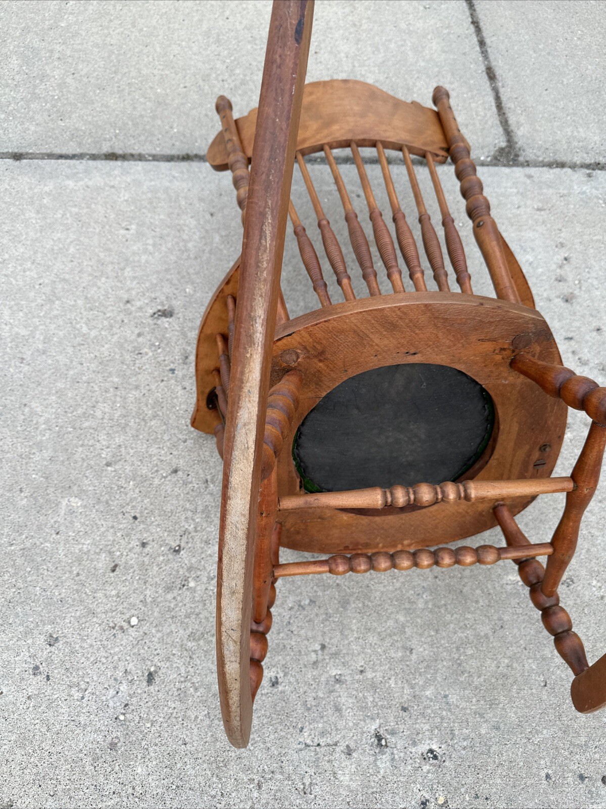 Vintage Victorian Rustic Maple Wood Spindle Back Needlepoint Seat Rocking Chair
