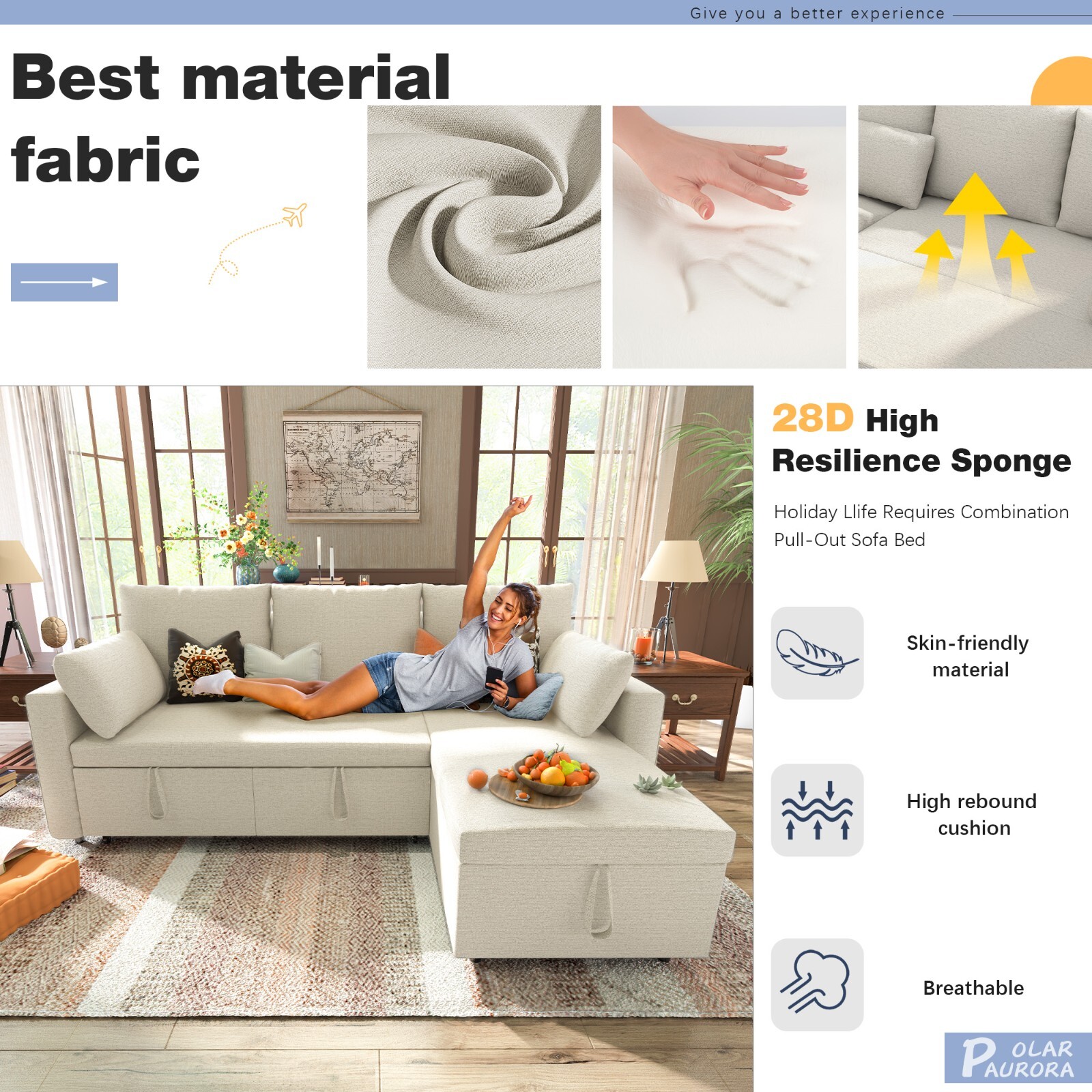 Linen Sleeper Sofa Bed,Pull OutCouch Bed with Storage Chaise
