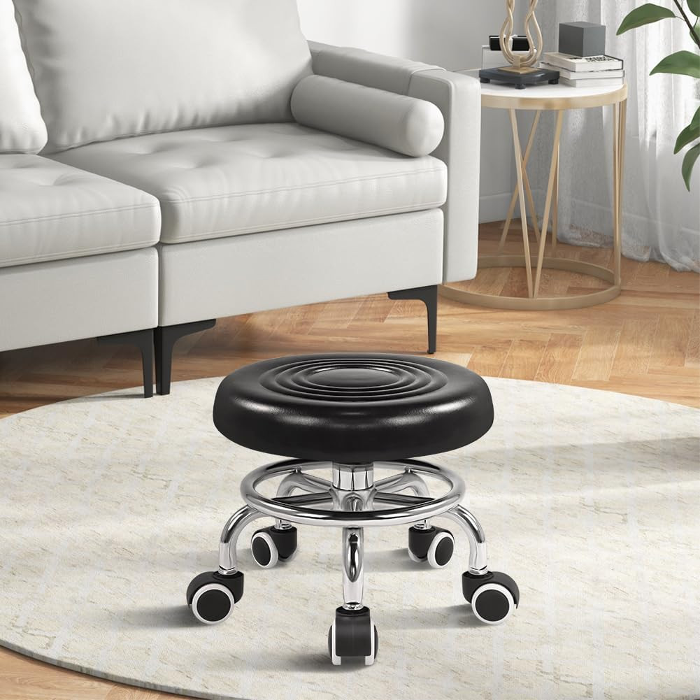 Black Roller Seat PU Leather Rolling Stools with Wheels Nail Stool for Home Work