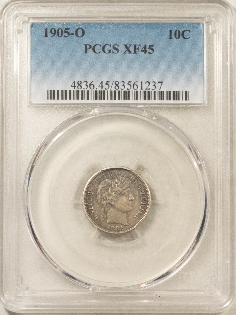 1905-O BARBER DIME - PCGS XF-45