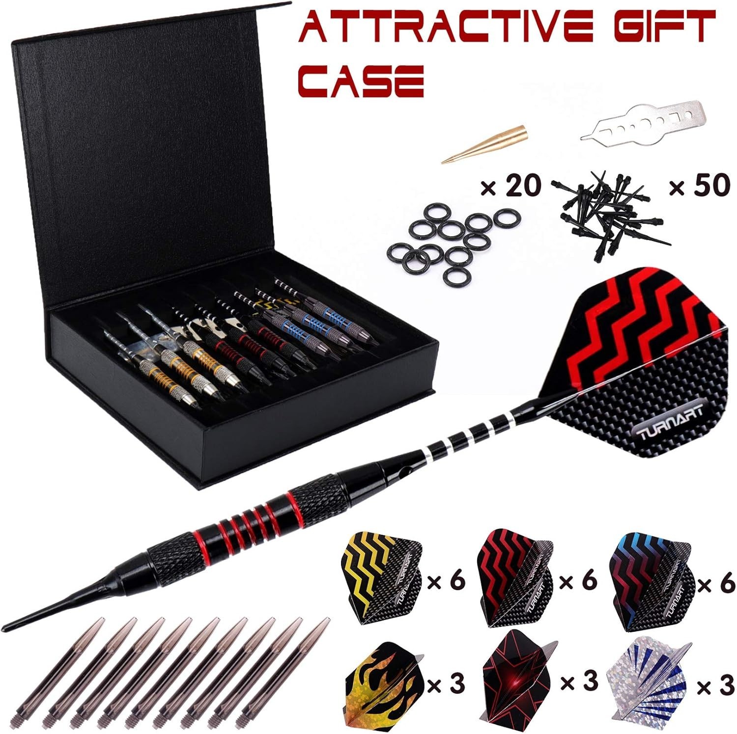 Elegant 9-Pc Soft Tip Dart Set - 18g with 27 Flights, Case & Multi-Purpose Tool