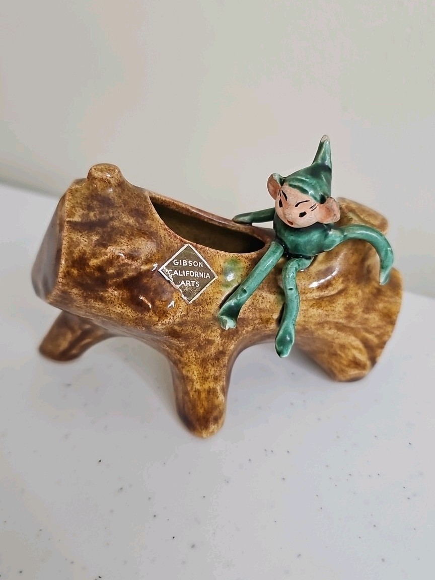 Vintage Gibson California Arts Pixie on Log Planter Mid Century Pottery Figural