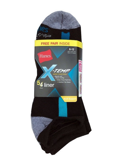 Hanes®  Men's X-TEMP Black No Show Socks 5-Pack size 6-12 "Arch Support & COOL"