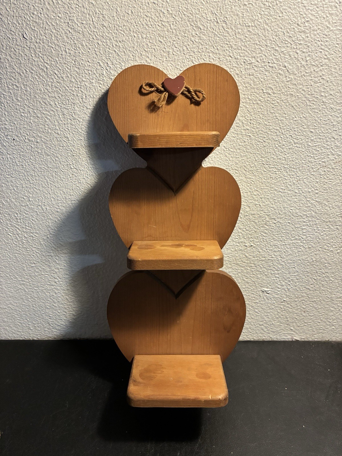 Vintage Solid Wooden Heart 3 Tier Hanging Shelf  Bow Heart Farm Cottage Granny